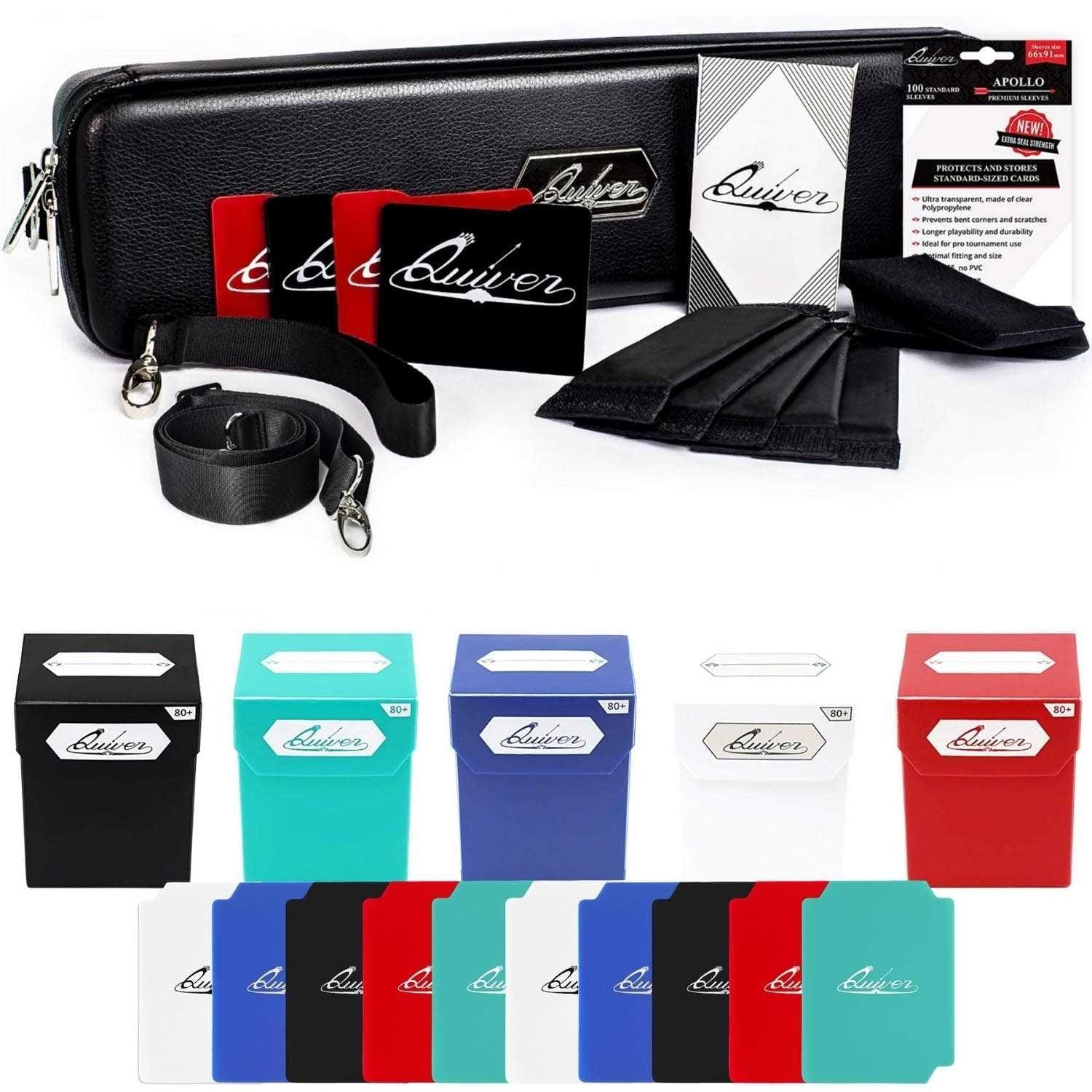 Quiver Card Carrying Case Bundle: 1 x Quiver Card Case + 5 x Deck Blocks (WUBRG) - Black, 80+ Double Sleeved Cards